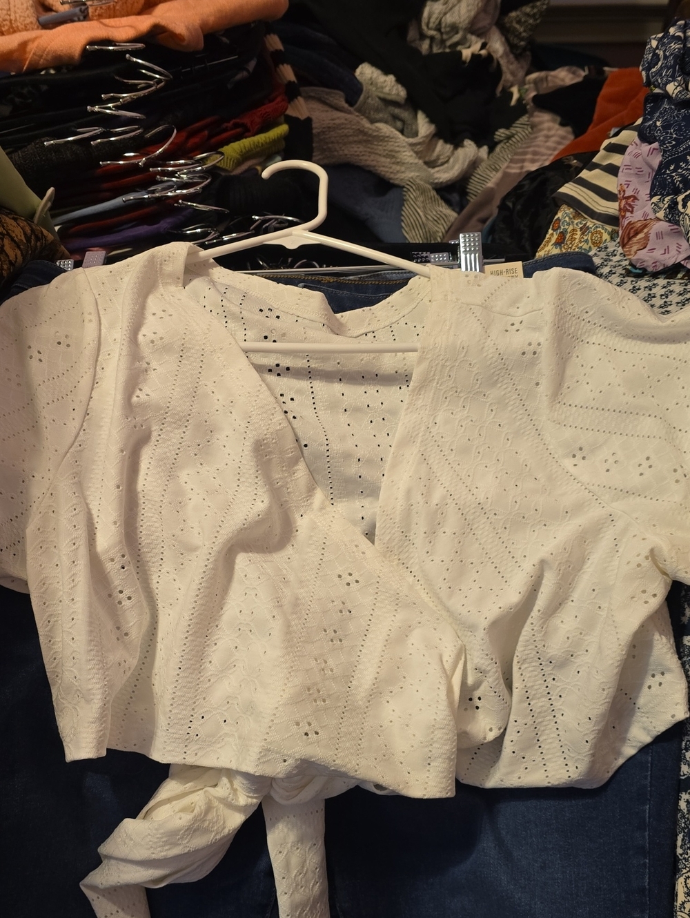 White Eyelet Tie-Front Blouse with V-Neck